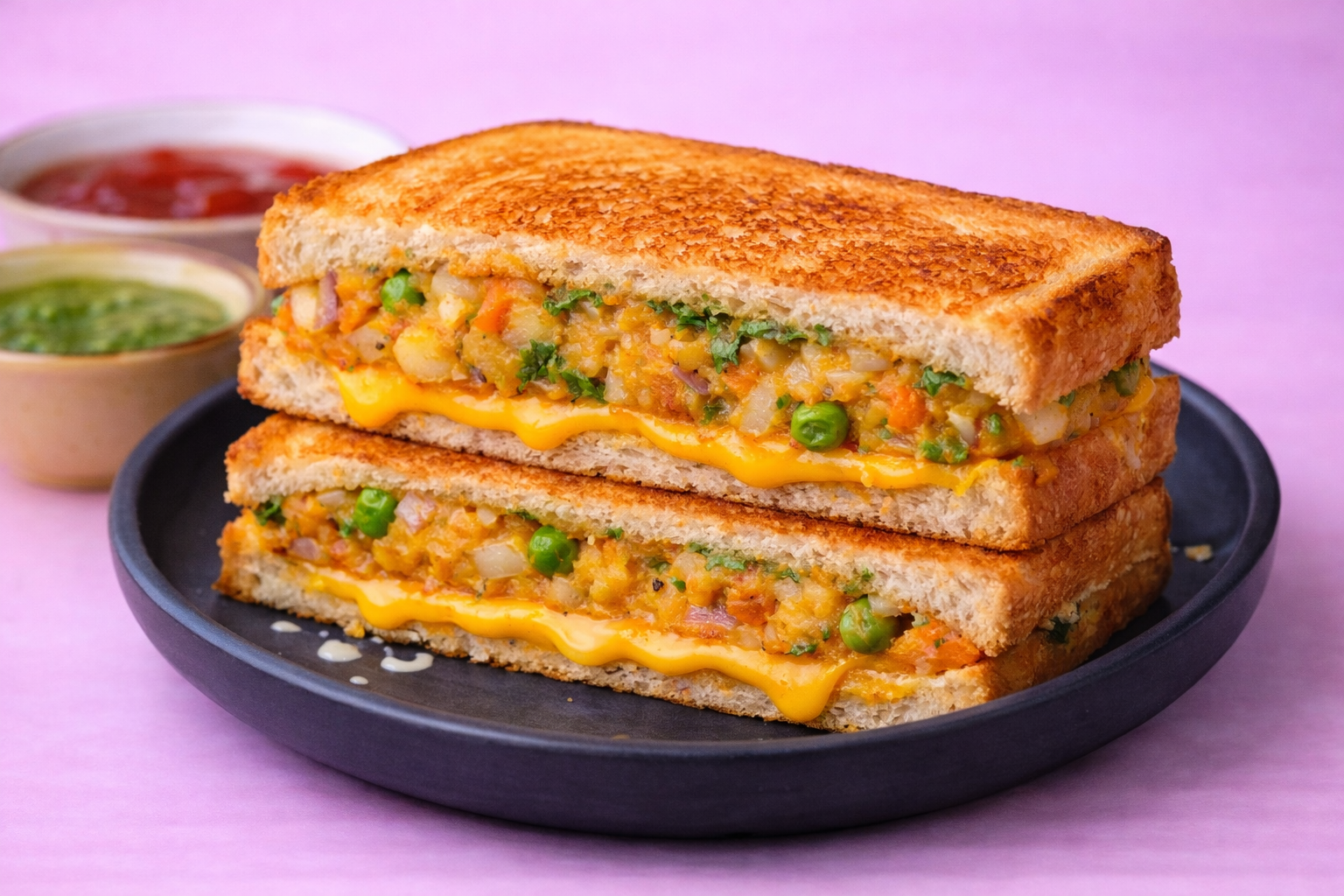Spicy Aloo masala cheese chutney toastie